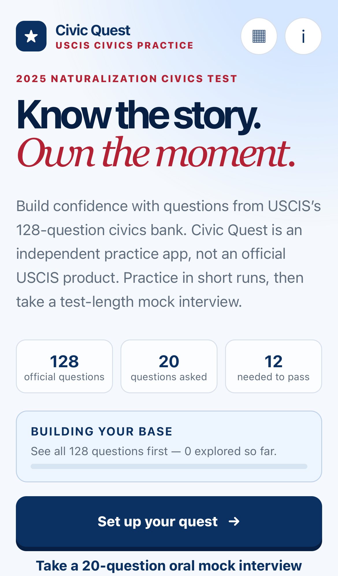 Civic Quest’s mobile home screen, introducing its USCIS civics practice and oral mock interview.