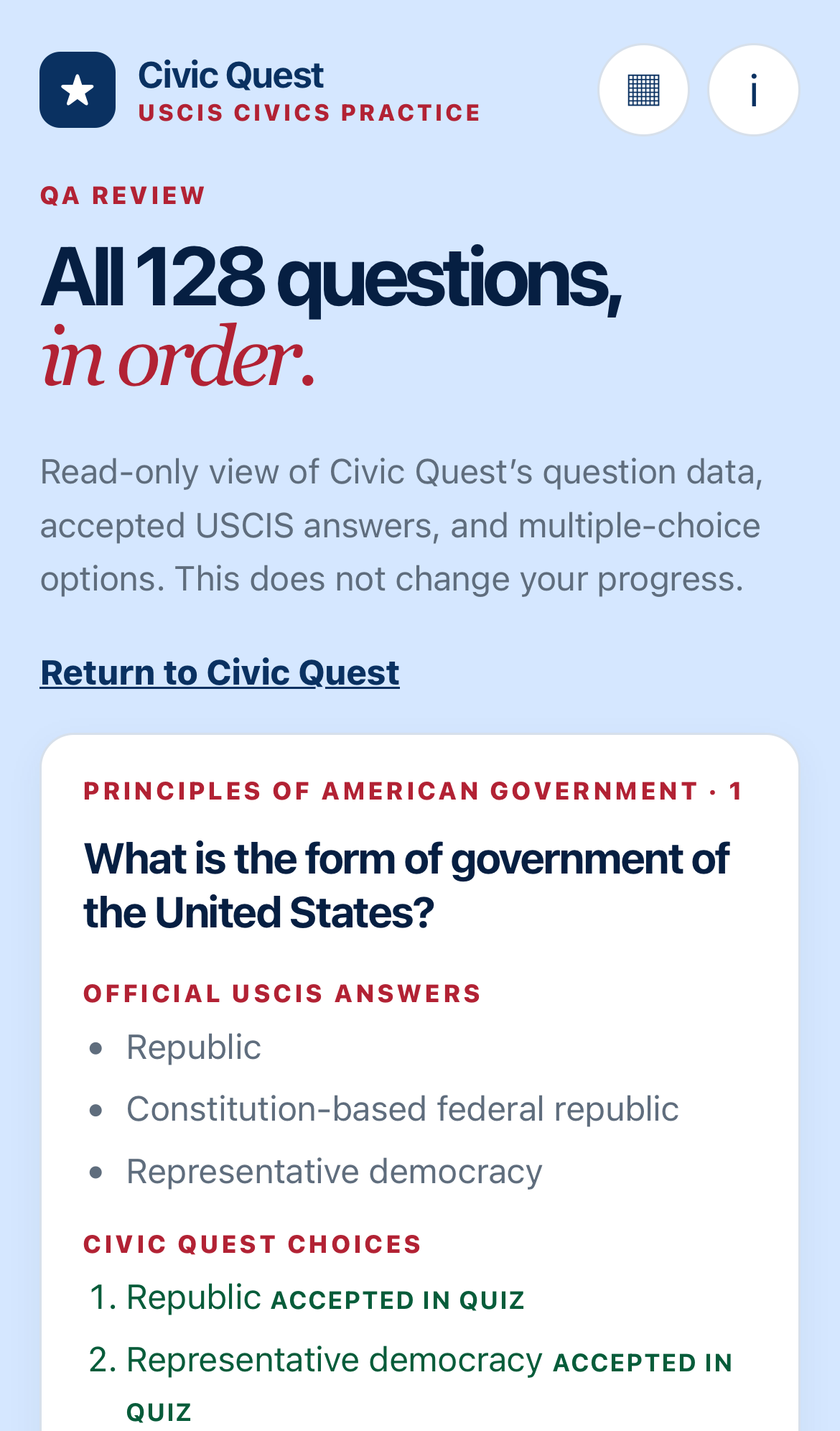Civic Quest’s mobile review mode showing question one, official USCIS answers, and accepted quiz choices.
