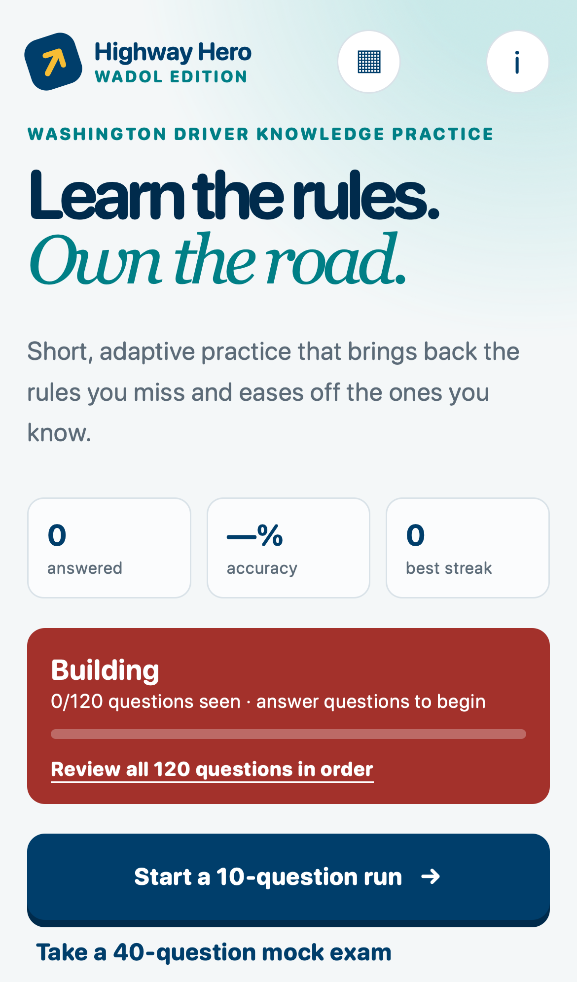Highway Hero’s mobile home screen, with its first 10-question practice-run button.