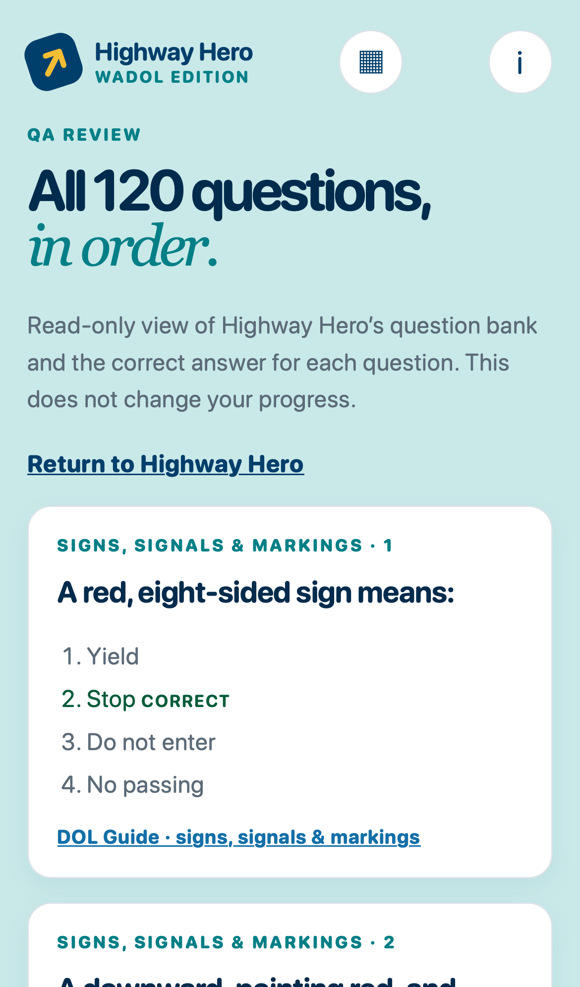 Highway Hero’s mobile question-bank review showing the correct answer and a Washington Department of Licensing guide link.